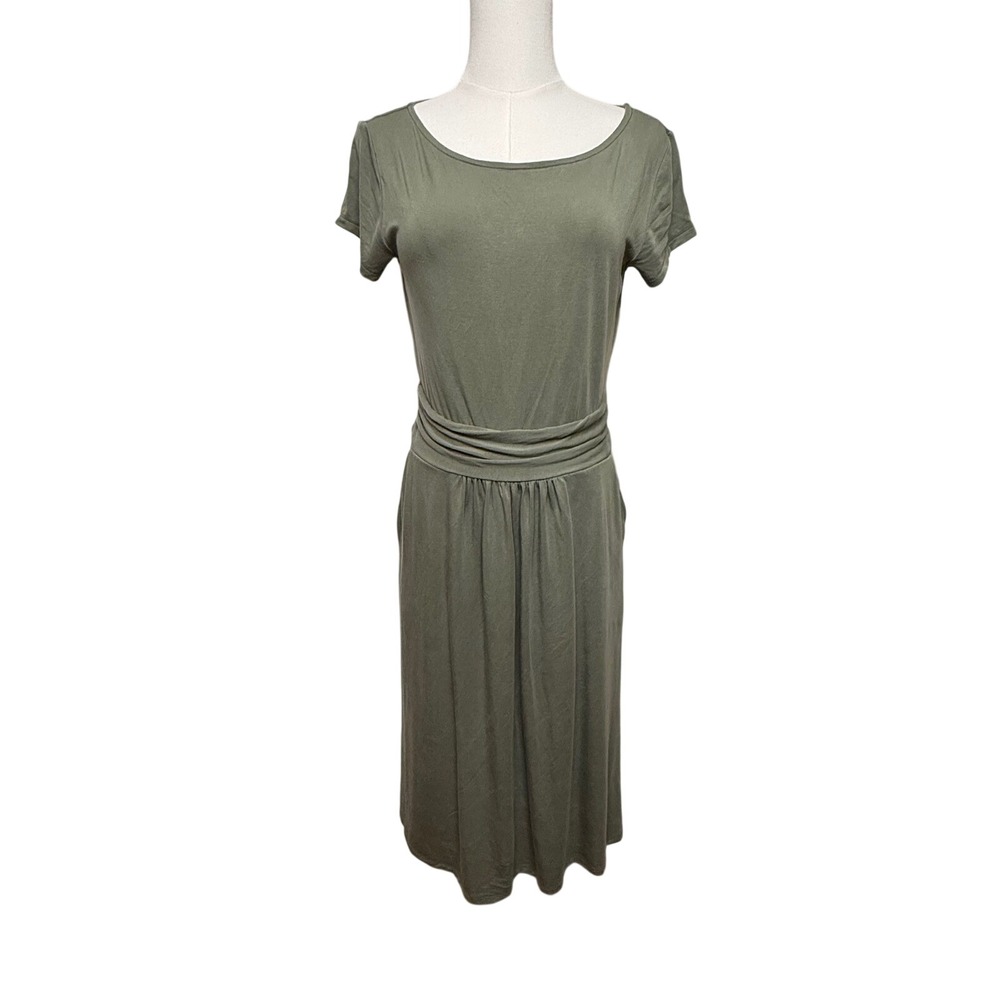 Quince Tencel Jersey Ruched Waist Dress Sage Green Midi Short Sleeve Pockets Med